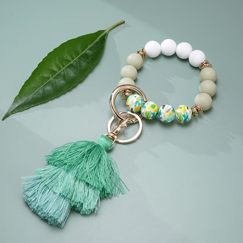 Wholesale Colorful Silicone Beads Three Layers Tassel Beaded Wrist Keychain